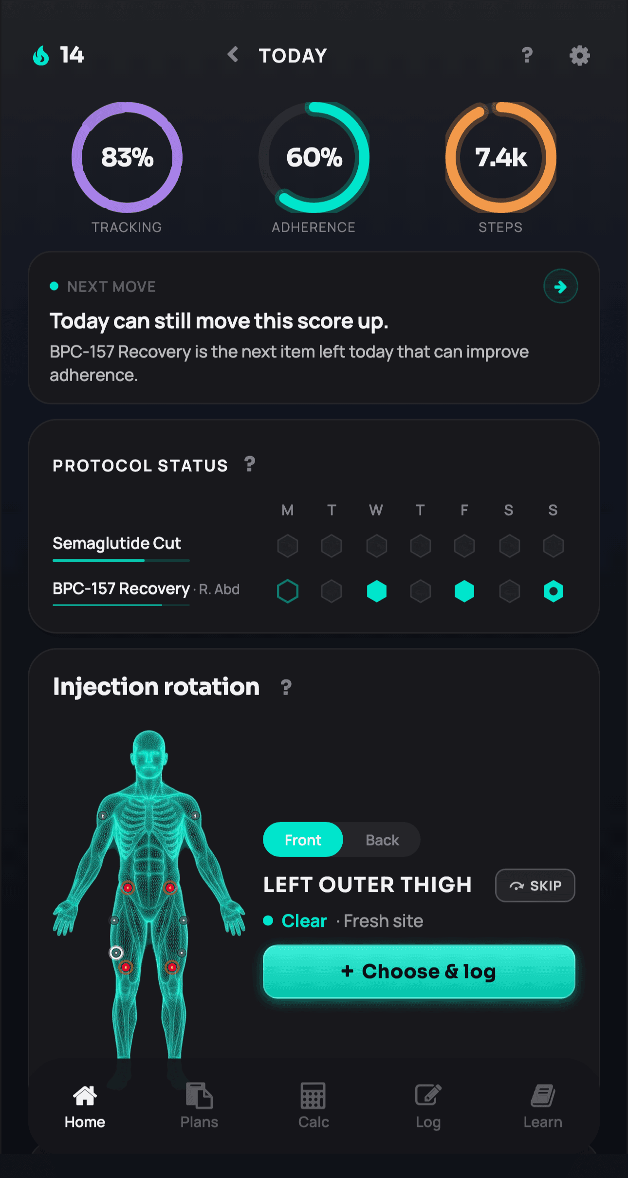 Peptocol home dashboard with streak, adherence, and protocol status